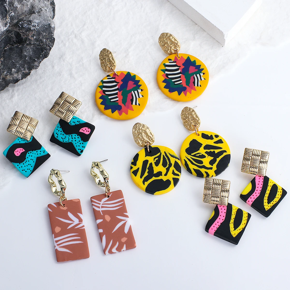AENSOA Handmade Abstract Pattern Polymer Clay Earrings for Women Gold Color Metal Geometric Round Square Earrings  Jewelry 2023