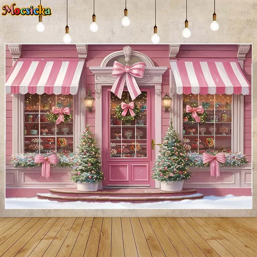 Mocsicka Photography Background Pink Dessert Shop Christmas Winter  Snow Xmas Tree Girl Princess Portrait Photo Backdrops Studio