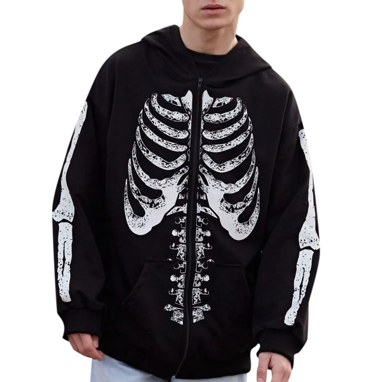 

Dark Style Men's Y2k Zipper Hoodie Street Fashion Autumn Winter Vintage Skeleton Print Halloween Coat Zipper Casual Hoodie Men