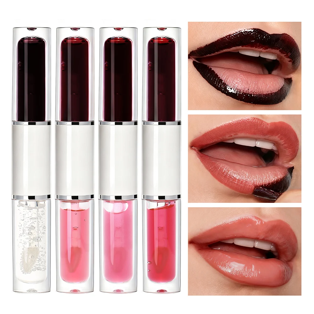 Private Label 2in1 Lipgloss-Lippenöl, individuelles Logo, 4-Farben-Peel-off-Gloss, Feuchtigkeit, langanhaltendes, transferfestes, doppelseitiges Make-up