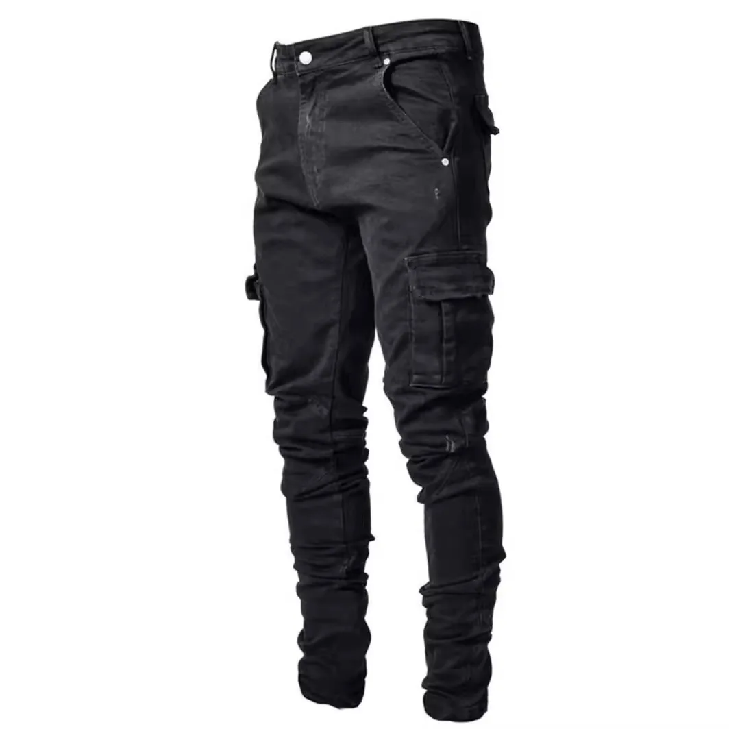European Style Men's Casual Stretch Multi-Pocket Jogger Pants Slim Fit Tapered Denim Work Trousers