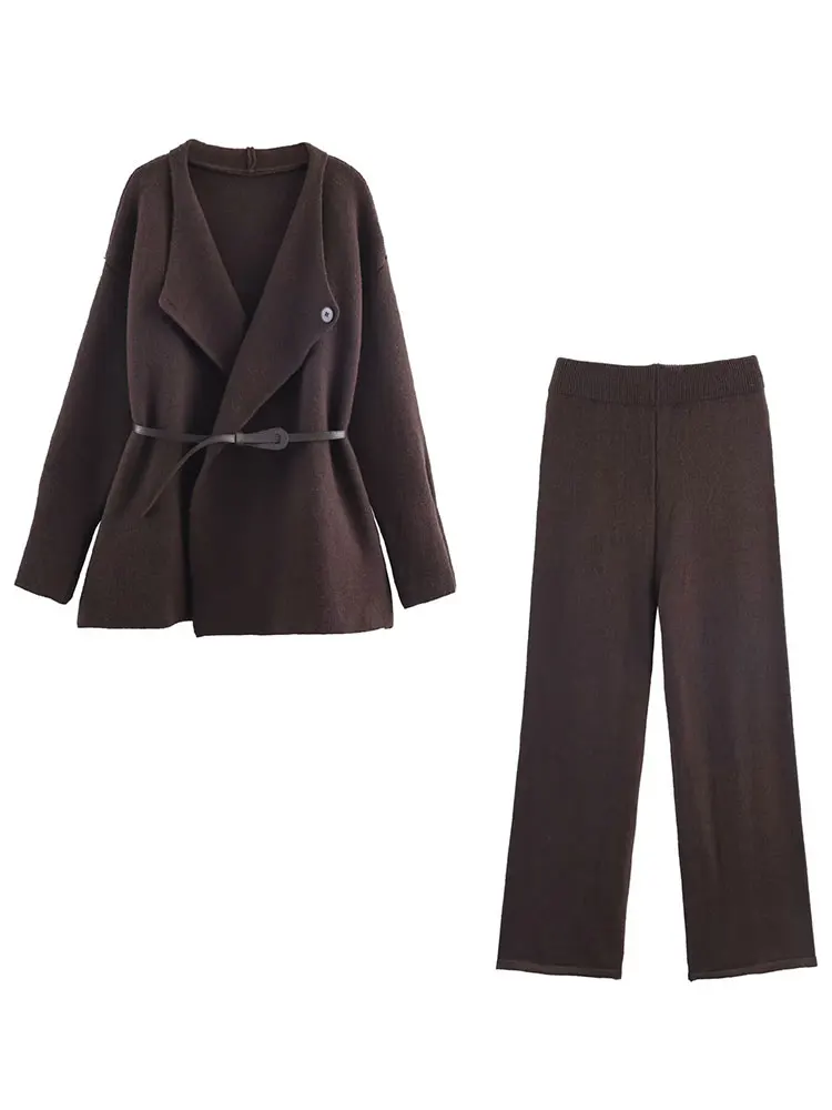 HH المرأة عادية الصلبة محبوك مجموعات طويلة الأكمام سترة معطف مع حزام مرونة الخصر سليم مستقيم السراويل الخريف مكتب سيدة الدعاوى