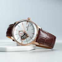 Reef Tiger RT Rose Gold Luxury Casual Watch Genuine Leather Strap Tourbillon Convex Lens Men's Fashion Timepiece RGA8239