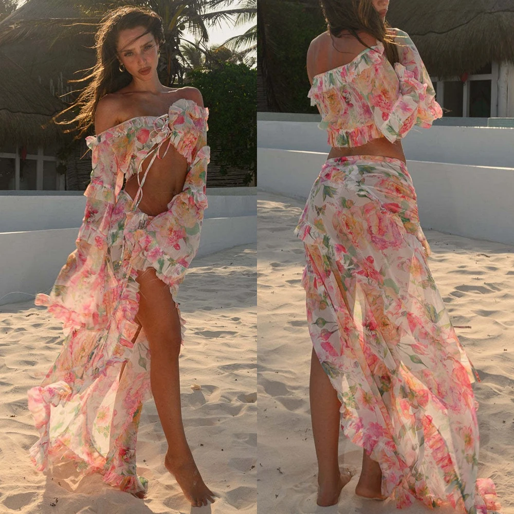 

Beach Dropped Dresses Woman Slash Neck Clothing Casual Beachwear 2 Pieces Women's Dresses Long Sleeve Ruffle Design Asymmetrical