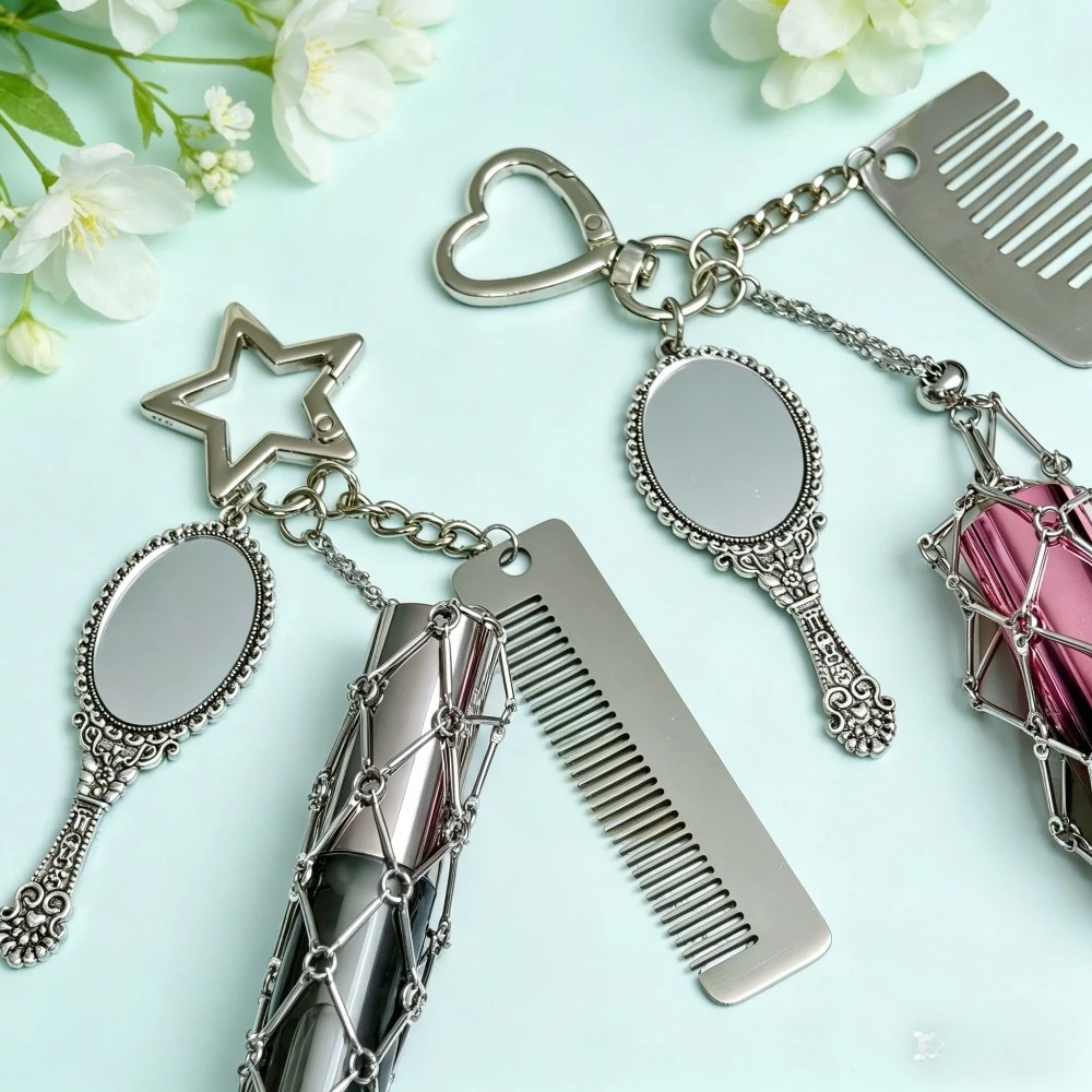 Vintage Metal Mesh Lipstick Bag Keychain Portable Net Pocket Pendant with Mirror Mini Comb Key Ring Multi-functional Gift Woman view 2