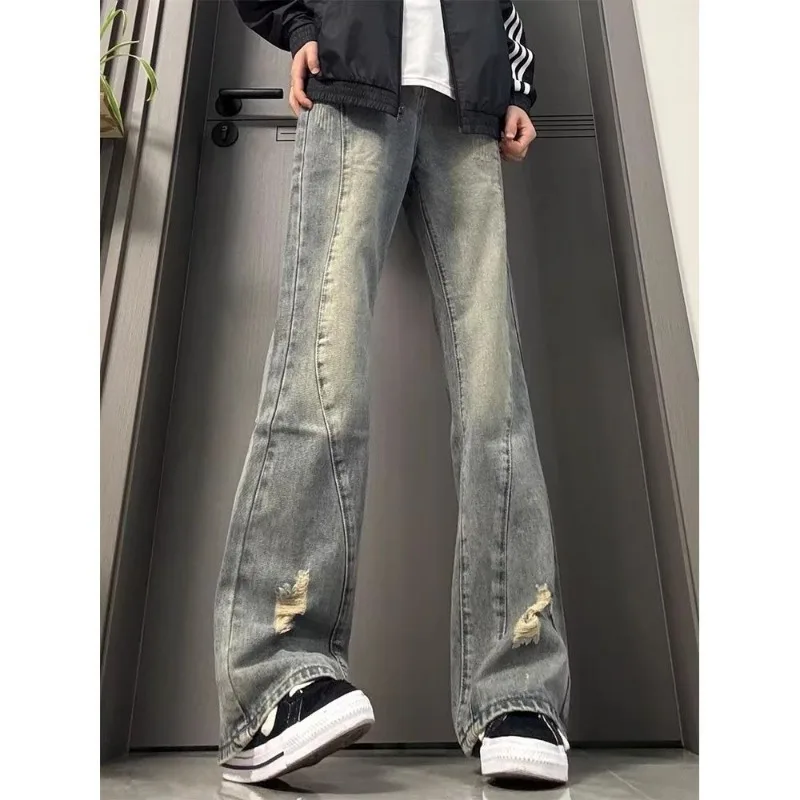 Man Pants Men's Jeans Vintage Flare Cut Design Hole Stretch Faded Blue Denim Skinny Trousers Long