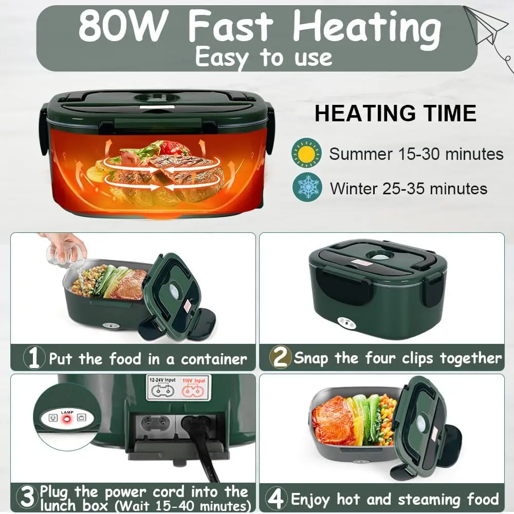 صندوق غداء كهربائي 1.5 لتر من الفولاذ المقاوم للصدأ لتدفئة الطعام 80 وات PTC محمول للسيارة والمكتب والتخييم (أخضر)