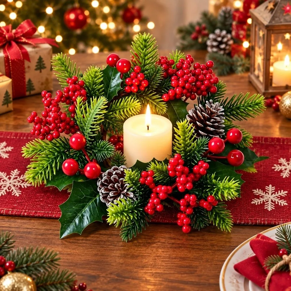 Artificial Pine Needle Christmas Candle Ring Red Berry Durable Pillar Candle Garland Plastic Versatile Table Centerpiece