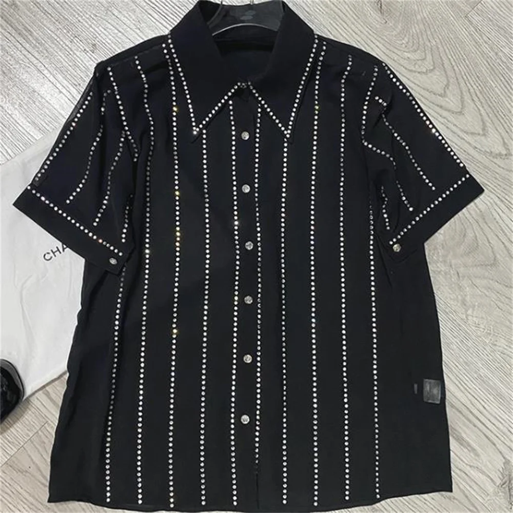 

Summer chiffon shirt drill striped short-sleeved loose shirt fashion black top