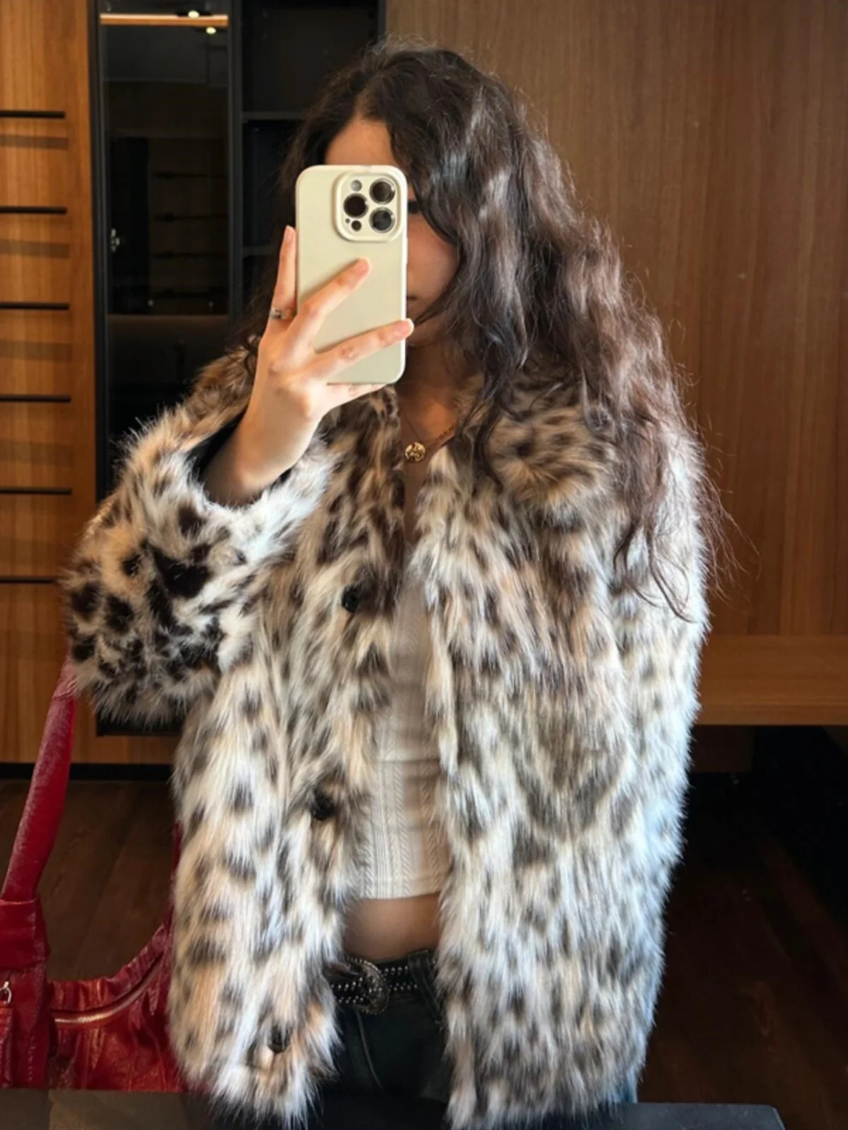 Eco-Friendly Ladies' Winter Coat Leopard Print Fur Collar Long Sleeve Straight Cut Thickened Street Style Fashionable Outerwear