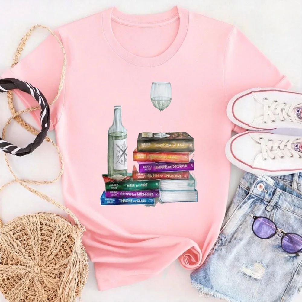 Throne of Glass Series Heavyweight Boyfriend Fit T-shirt Book Wine Glass Graphic Printing Clothes Women Summer Tees