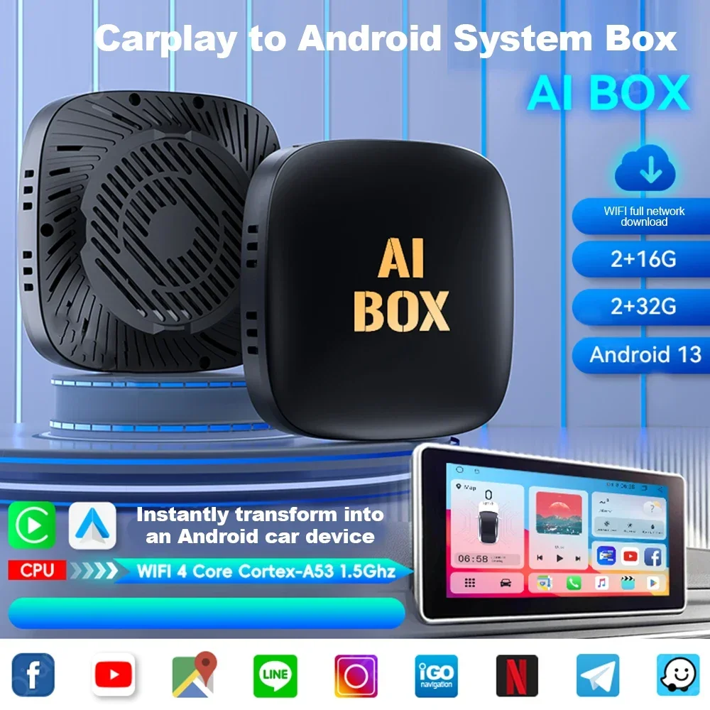 صندوق AI للسيارة لاسلكي ، أندرويد 13 ، صندوق تلفاز فيديو للسيارة ، واي فاي ، 2 جيجابايت + 32 جيجابايت ، نيتفليكس ، يوتيوب ، متجر بلاي ، جديد