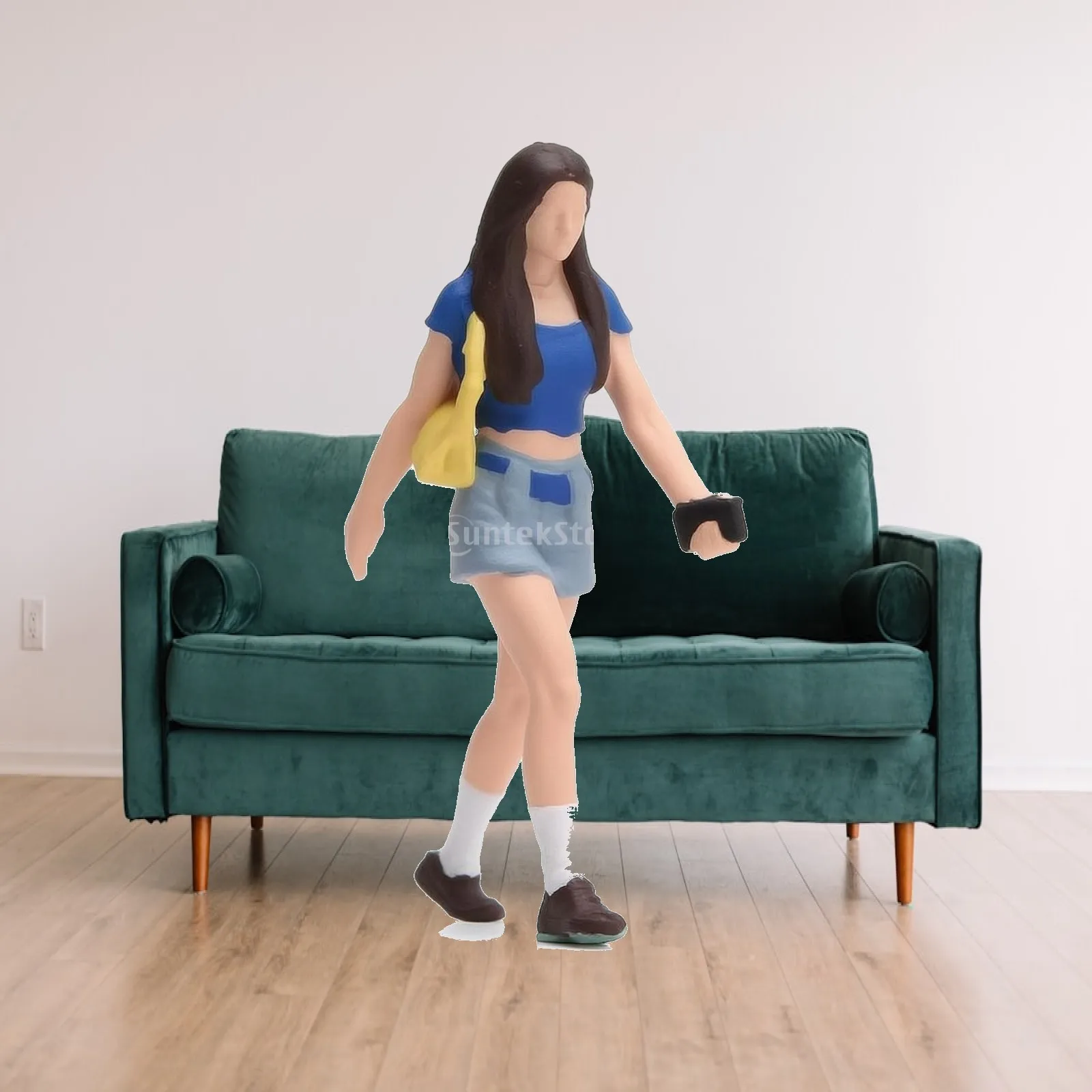 Resin Miniature Figurine 1 64 Scale Woman Figure Long Dark Hair Blue Shirt Denim Skirt White Socks Diorama Accessory