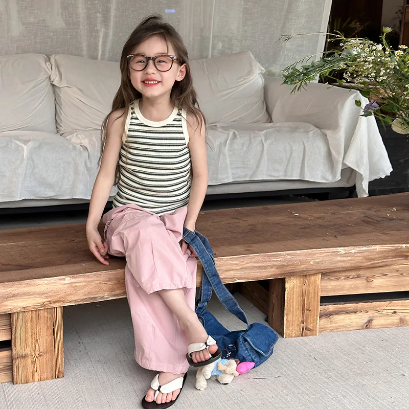 

Children Clothing Kids Striped Vest 2024 Summer Korean Style Girls Striped Sleeveless Casual Simple Fashionable T-shirt