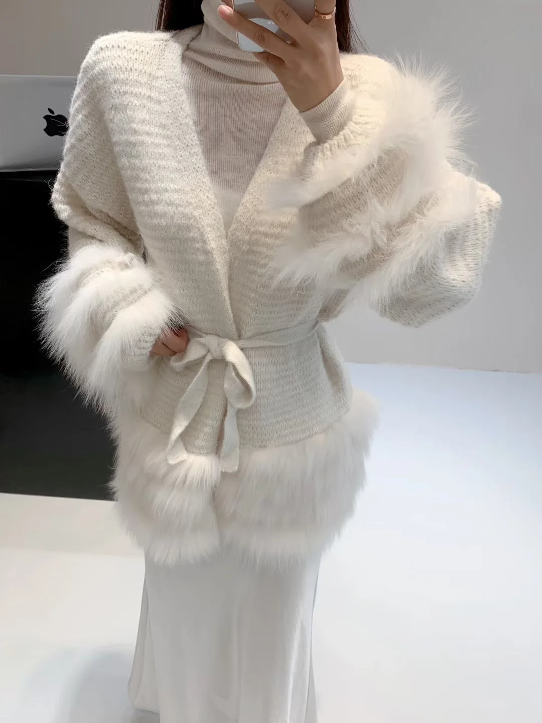 Abrigo Ele Fur ort V-Ne tejido de lujo para mujer, ropa de abrigo ligera con inserto de piel, informal, elegante