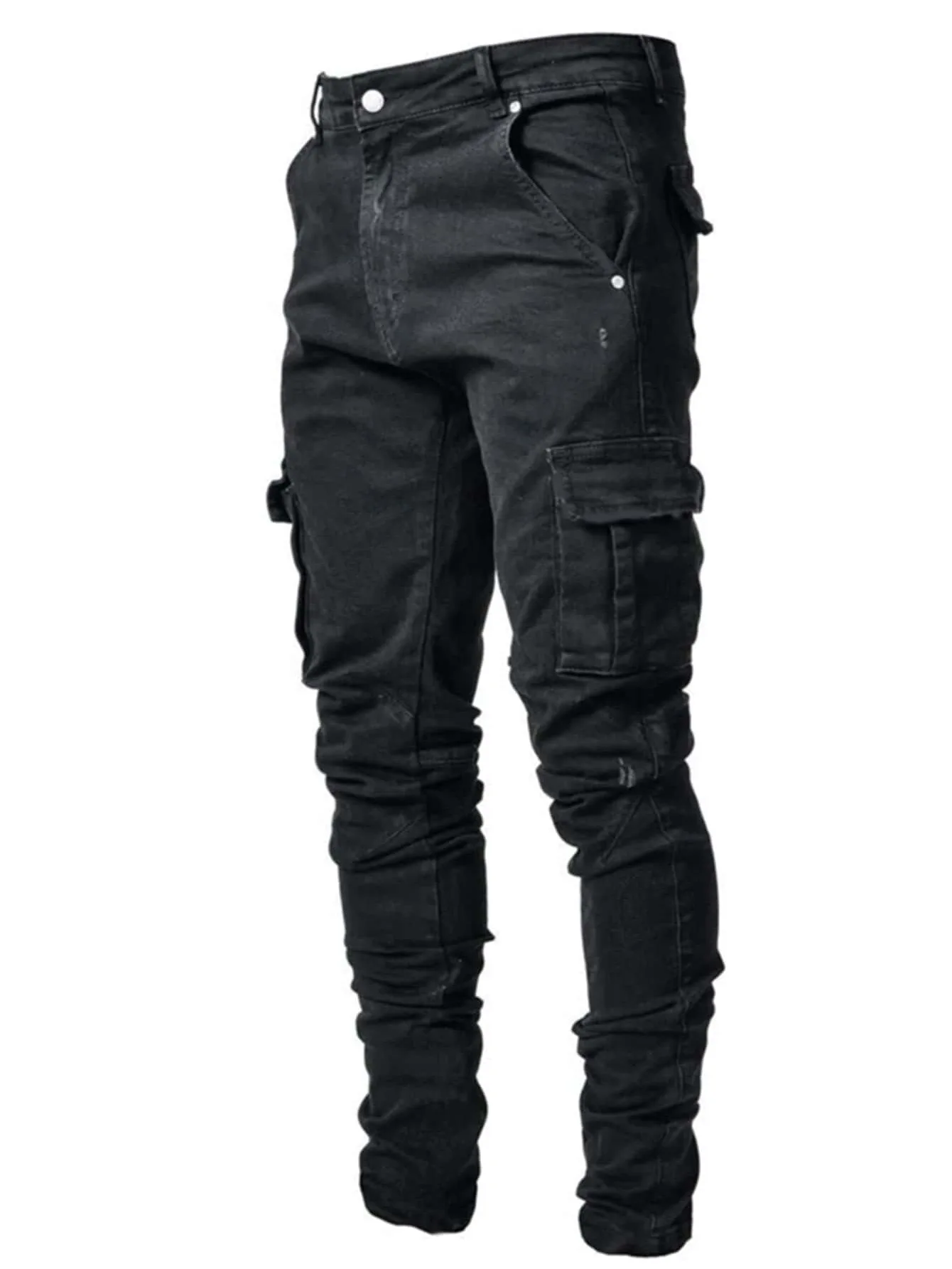 Heren Jeans Cargo Potlood Broek Hoge Taille Denim Enkellengte Rits Schede Zakken Slanke Lichte Streetwear Effen Kleur