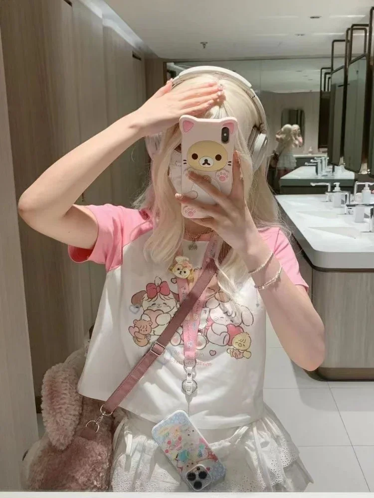 HOUZHOU Kawaii pot patchworkowe koszulki damskie japońska moda styl Preppy Y2k Harajuku nadruk kreskówkowy luźne t-shirty miękki Gril 2023