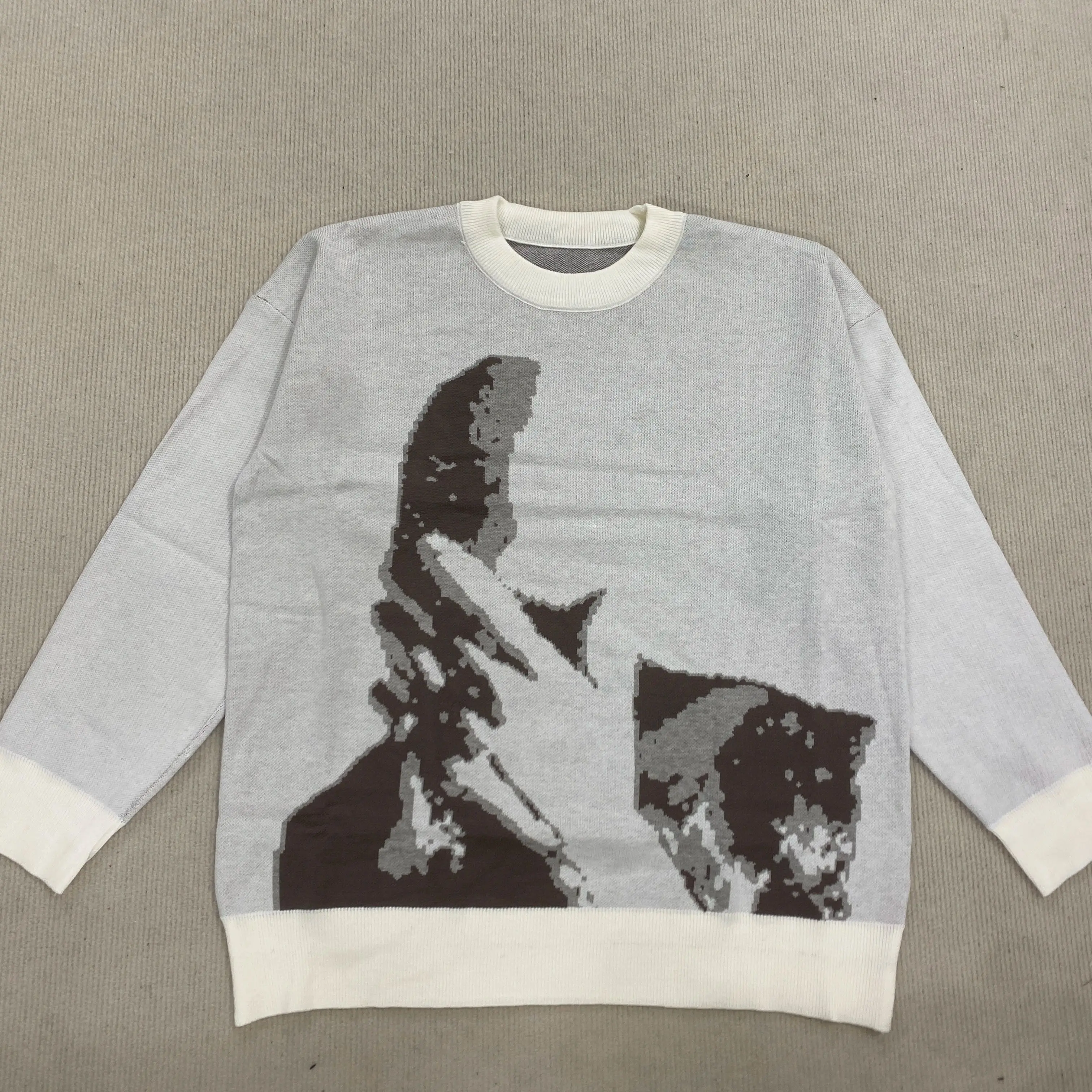 Sweater rajutan kasual unisex dengan motif abstrak, kerah bulat, gaya hip hop street fashion, cocok untuk pria dan wanita, model longgar, pakaian olahraga, atasan couple.