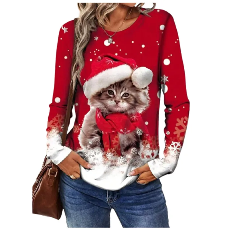 Christmas Snowflake Print T Shirt Casual Cute Cat Graphic O-Neck Long Sleeves Top Tee Women Clothes Festival Winter Loose Shirts