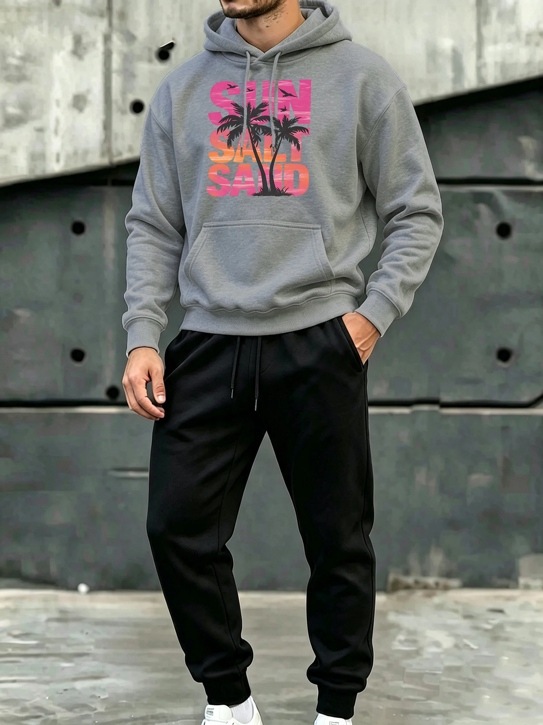 Sun Salt Sand Coconut Tree Print Autumn Fleece Sweatshirts Pants 2 Piece Set Men Loose Jogging Hoodies Basic All-Match Britches
