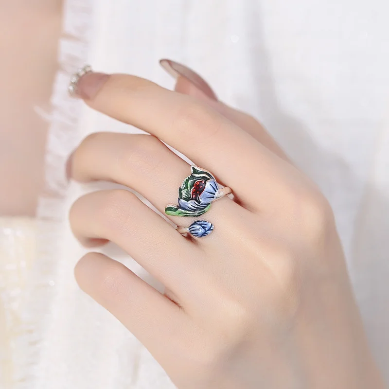 Vintage Colored Enamel Lotus Flower Ring Female Jewelry Personalized Lady Silver 925 Finger Ring Adjustable Handicrafts