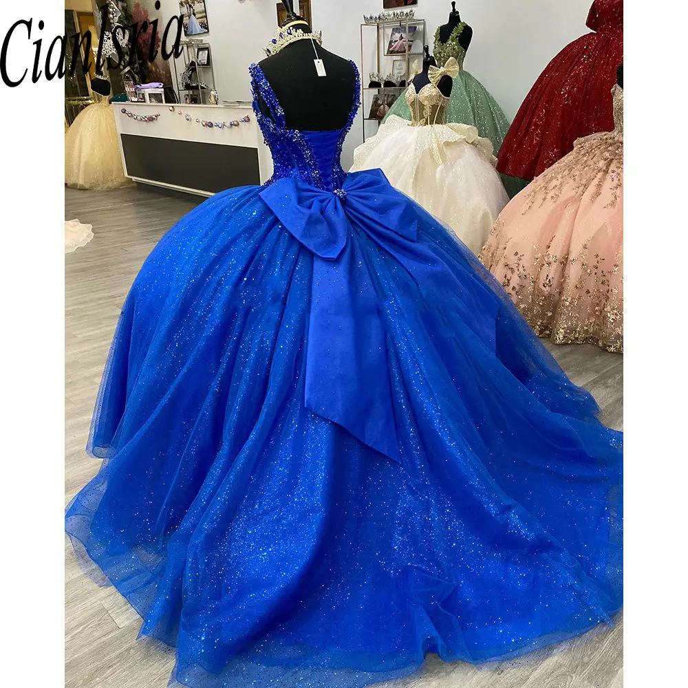 Vestido De quinceañera azul real con lentejuelas brillantes, vestido De baile con cuentas De cristal, correa De espagueti, corsé con lazo, 15 Años