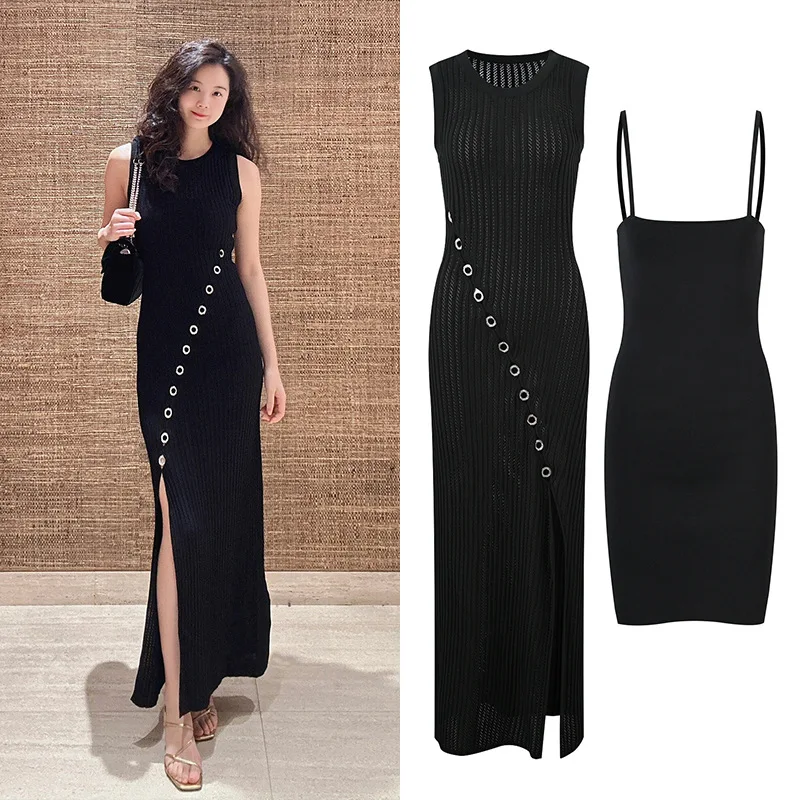 

Spring 2024 New Bla High Waist Diamond Decorated round Ring Slit Knitted Dr with Csole Vest Inner Wear Commute Sle