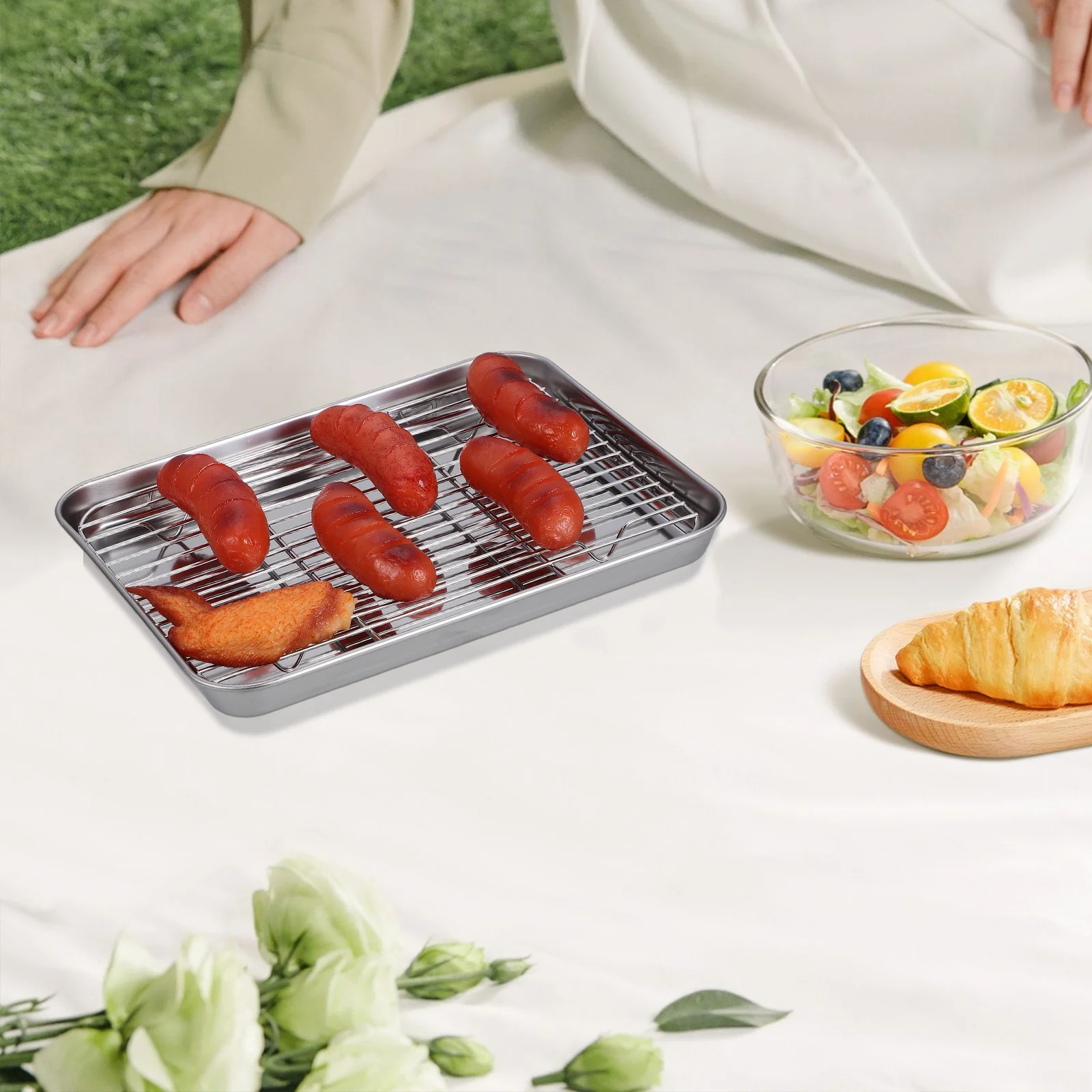 

Stainless Steel Baking Pan with Rack 26x20x2.5cm Heavy Duty Roasting Tray No Chemical Coating Easy Clean Baking Sheet Set