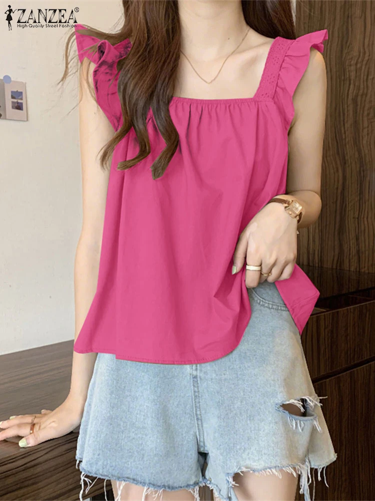 2025 ZANZEA ฤดูร้อนเสื้อแขนกุดผู้หญิงสแควร์คอ Tanks Tops Stylish Ruffles วันหยุดเสื้อลําลอง Blusas