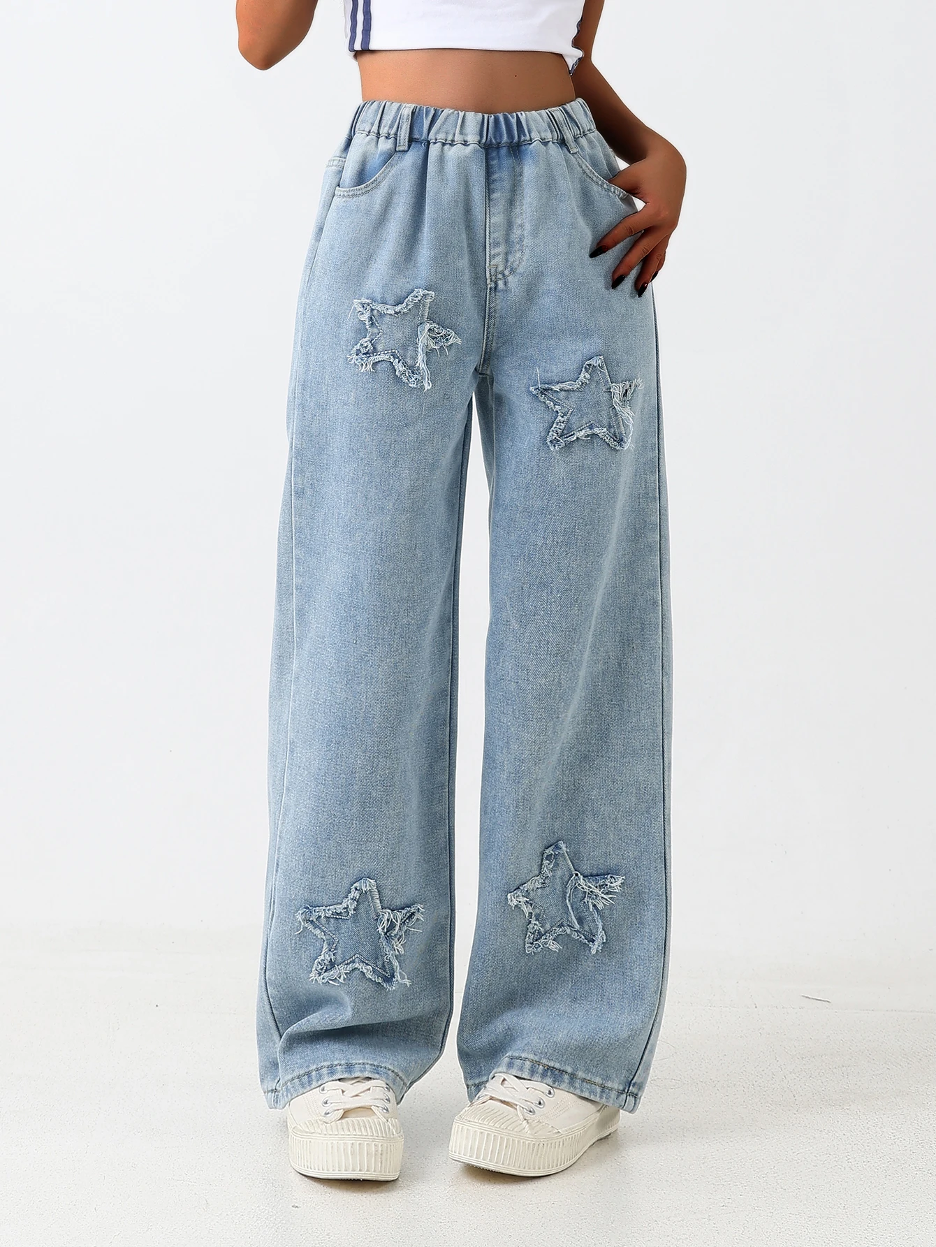 

Vintage American-Style Star Patch Wide-Leg Jeans – High Street Distressed Washed Denim Pants for Girls