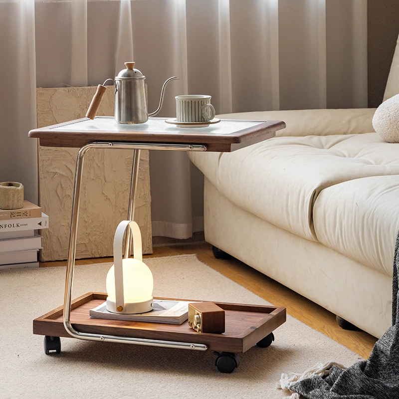 black walnut solid wood edge table, movable sofa corner table, modern simple trolley