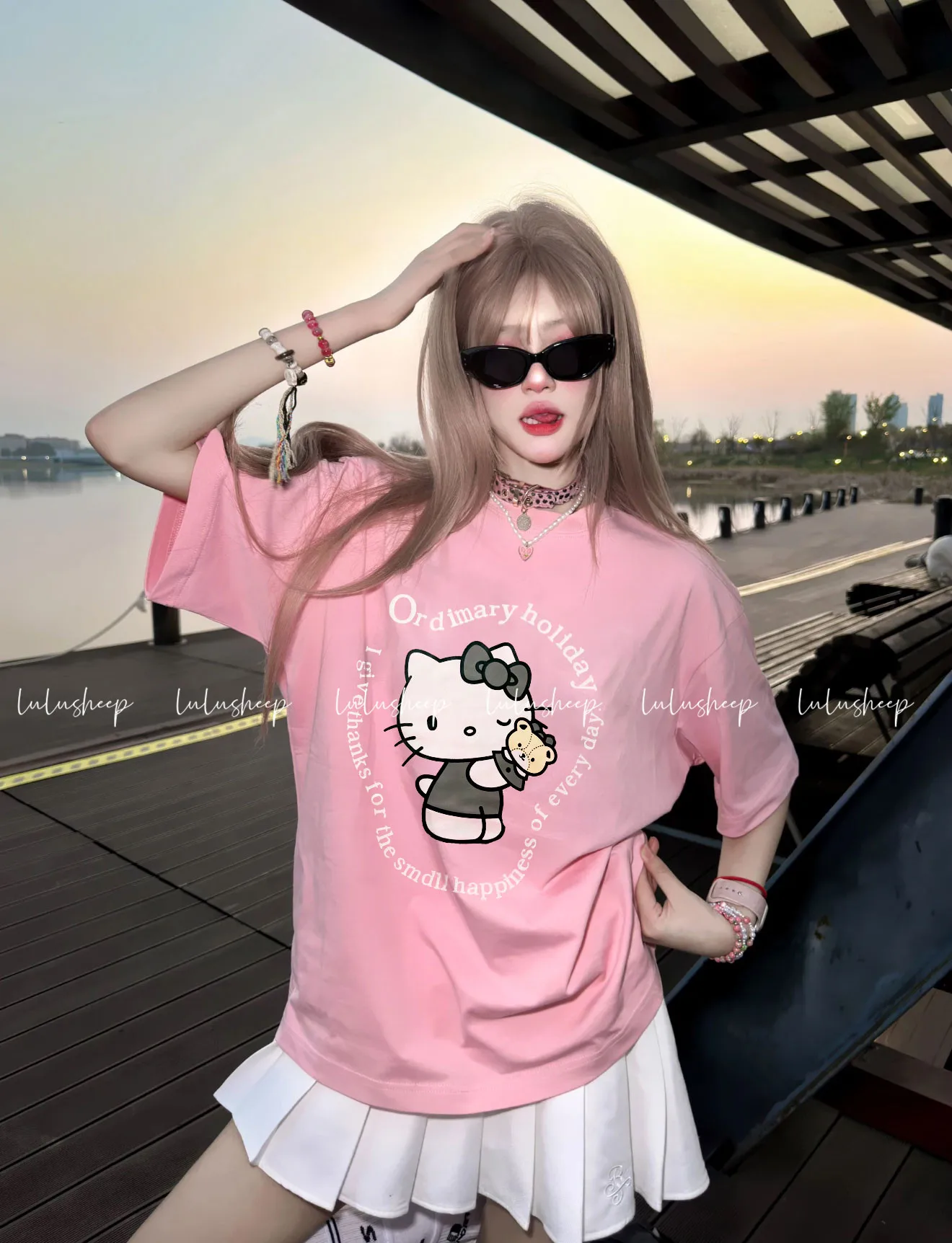 2026 Kim Ji Soo Same Style Hello Kitty Short Sleeved Medium To Long T-shirt Couple Comfortable Top Y2K