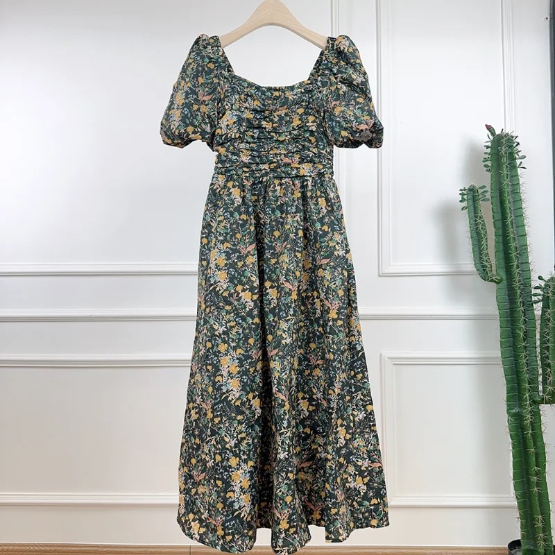 Primavera verão nova fragrância vestido longo moda feminina doce férias bohemia bolha manga curta vestido floral feminino