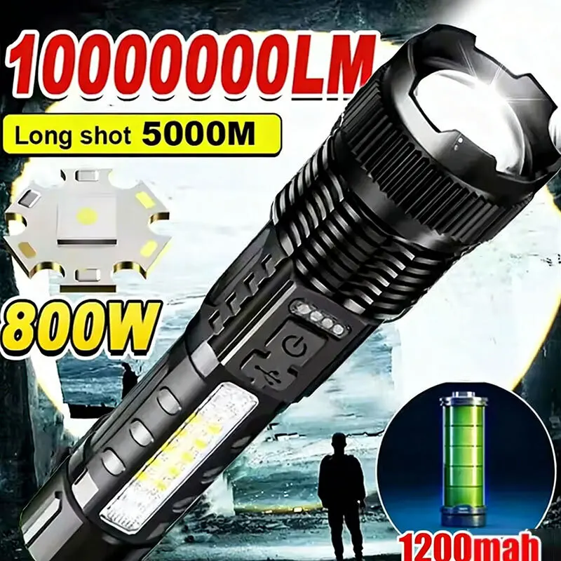 Potentes linternas LED recargables tipo C con zoom telescópico, linterna táctica con luces de advertencia rojas y azules para acampar al aire libre