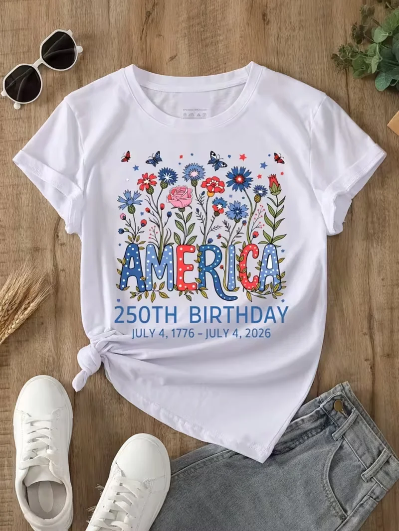 USA 250th Anniversary Print T-shirt Vintage American Flag Eagle Statue of Liberty Graphic Short Sleeve Tops Spring Summer Tee