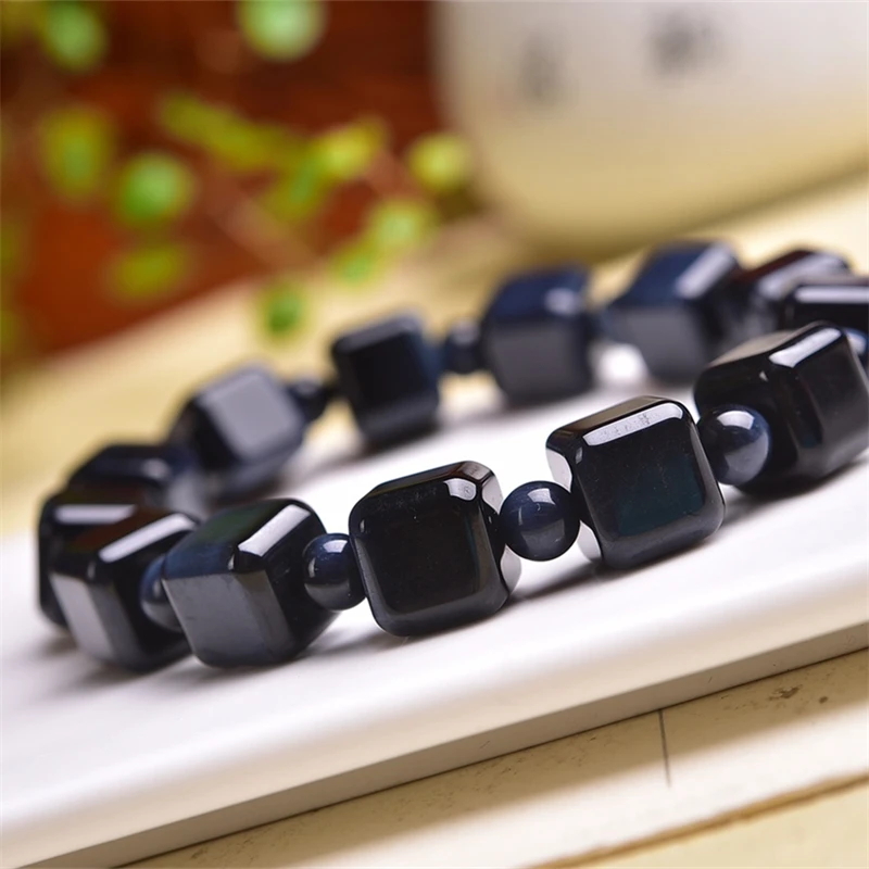 10MM Natural Blue Tiger Eye Stone Cube Bracelet Crystal Yoga Reiki Healing Stretch Bangles Female Gift 1PCS