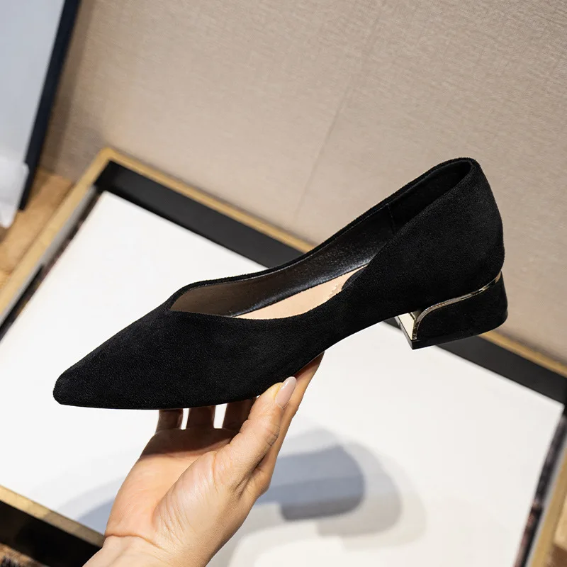 Women's Pointed Toe Simple Chunky Heel Suede Leather Shoes Plus Size Ladies Slip on Low Heel Dress Work Shoes - view 3