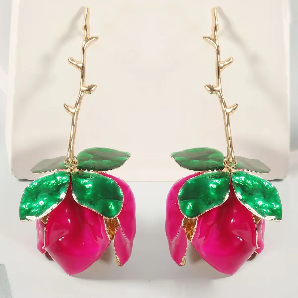 Vedawas Artistic 3D Rose Drop Earrings with Enamel Petals and Green Leaves for Elegant and Bohemian Women
