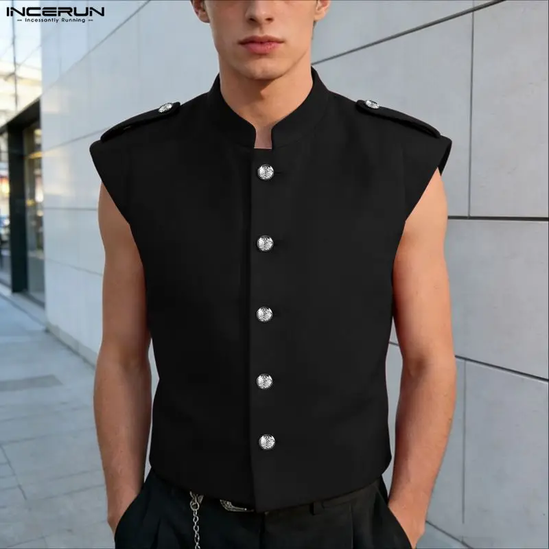INCERUN Herrenhemd Einfarbig Stehkragen Ärmelknopf Herrenkleidung Streetwear Locker 2026 Sommer Mode Lässige Oberteile für Männer