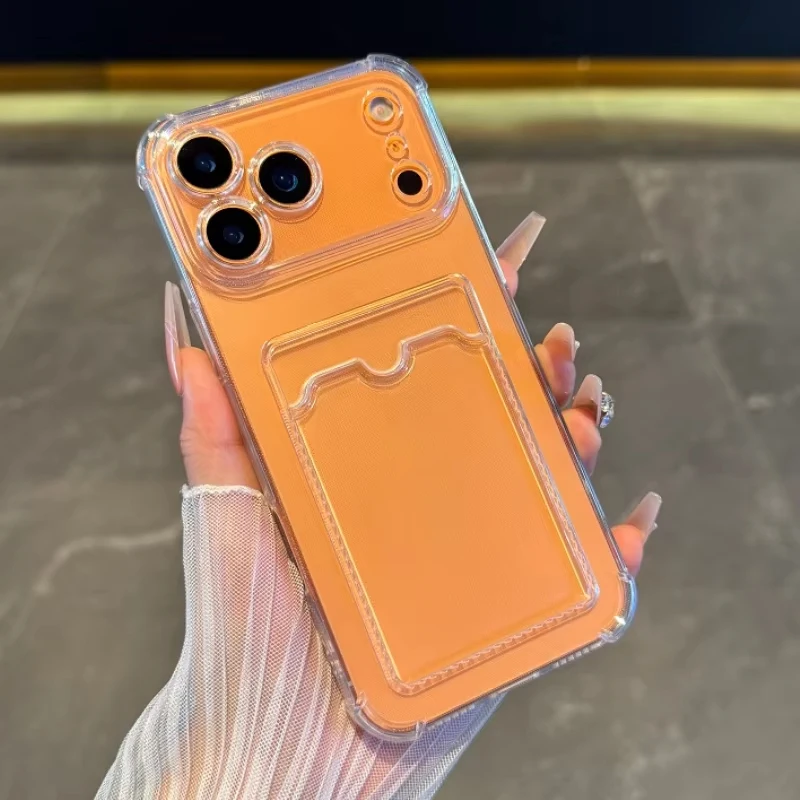 Transparent Card Slot Holder Case For iPhone 14 Plus 15 13 17 16e 12 11 Pro Max 8 7 Plus XS Max XR X SE Soft Shockproof Cover