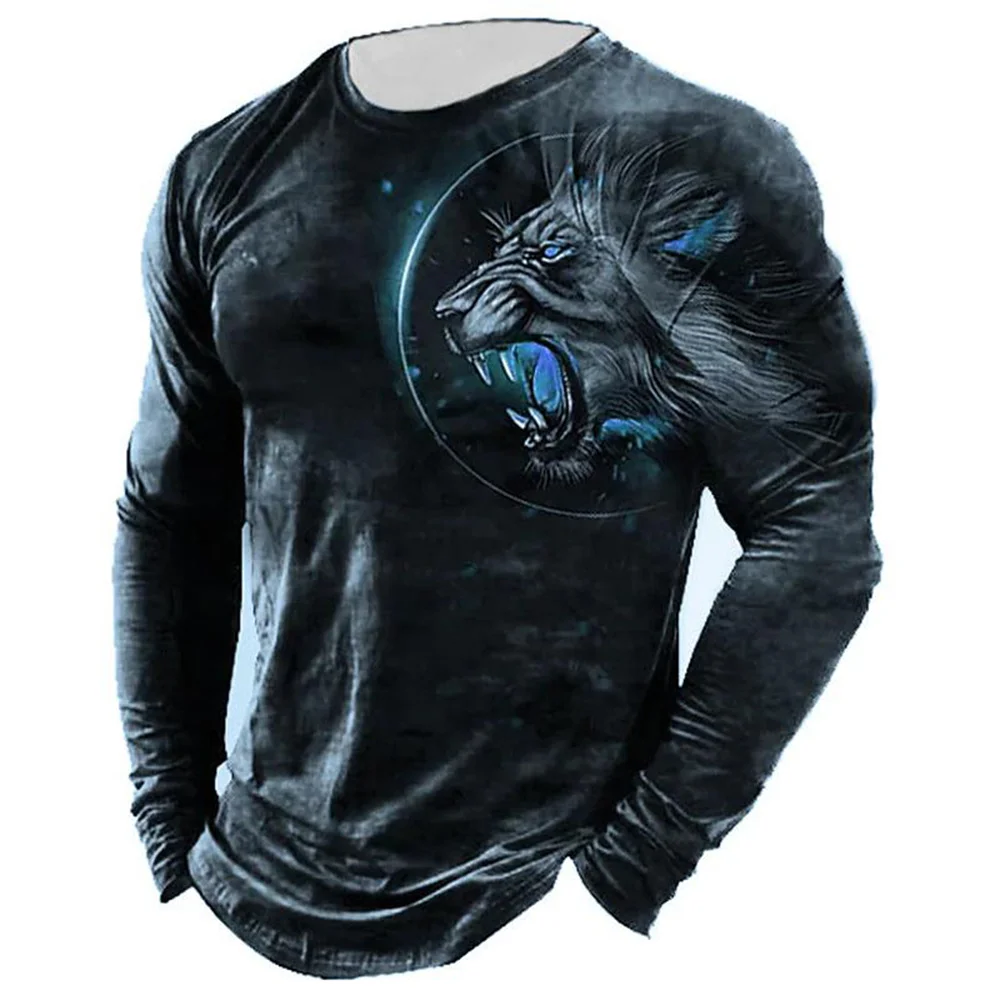 2023 Men's Retro T -shirt Men's long -sleeved 3D lion print oversized clothes o Neck casual T -shirt men's T -shirt street cloth