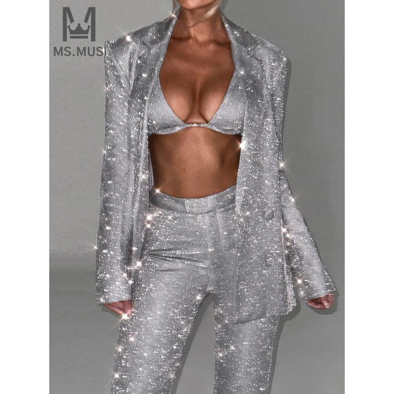 

MSMUSI 2024 New Fashion Women Sexy Sequins Three Piece Set Bodycon Party Long Sleeve Blazer Strap Top Flared Long Pant Set Suit