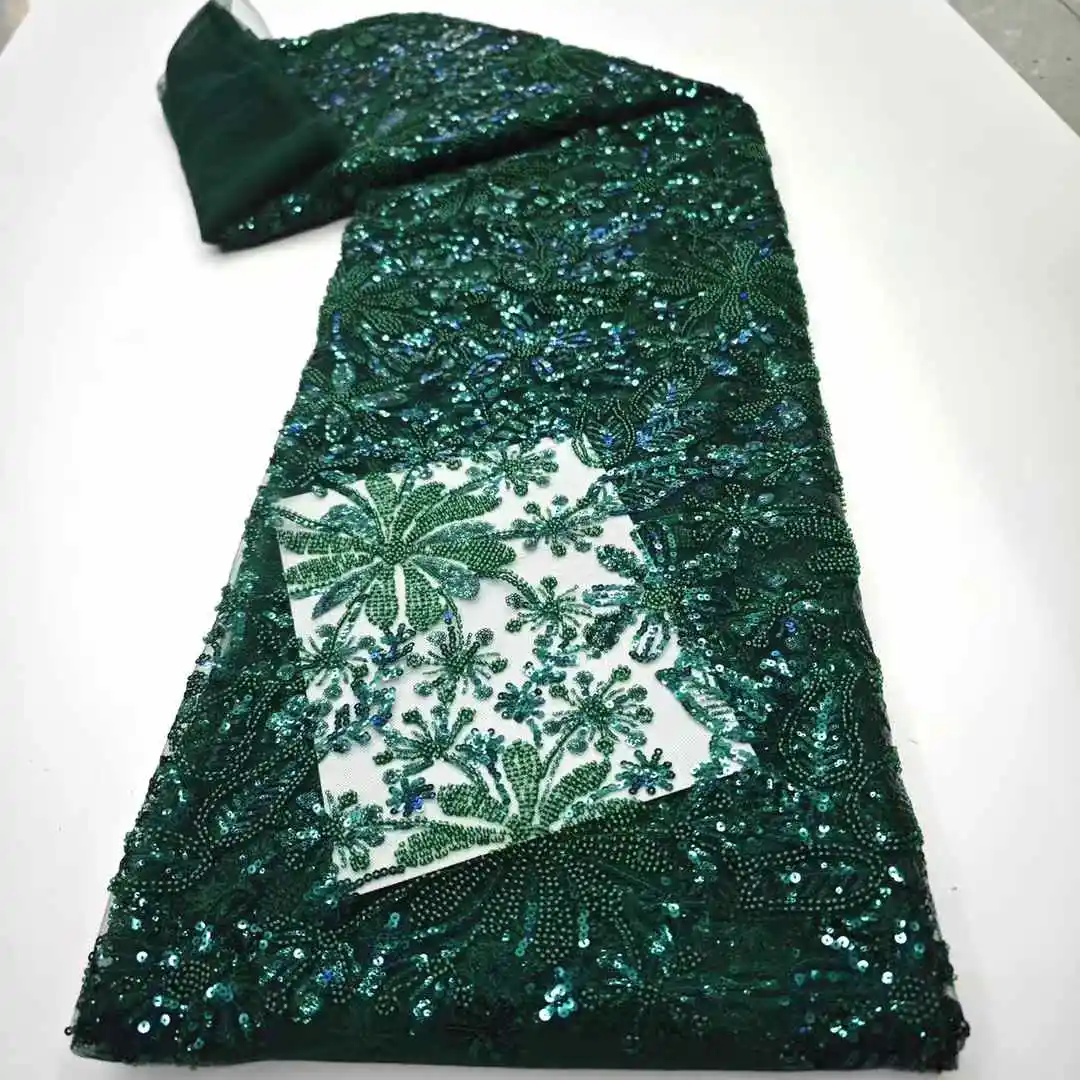 

Latest African Elegant Beaded Lace Fabric Green Embroidery French Mesh Sequins Lace Fabric Nigerian Tulle Lace For Party HD