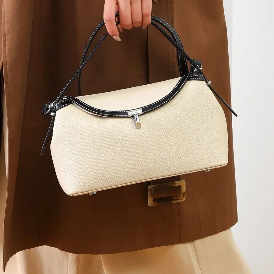 Women Toteme Style Canvas Leather Splicing Shoulder Bag Minimalist T Lock Handbag Removable Strap Crossbody Casual Purse