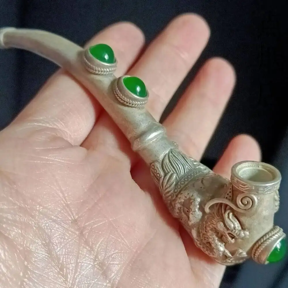 Old Tibet Silver Inlay Green Gemstone Handcarved Dragon Phoenix Cigarette Holder