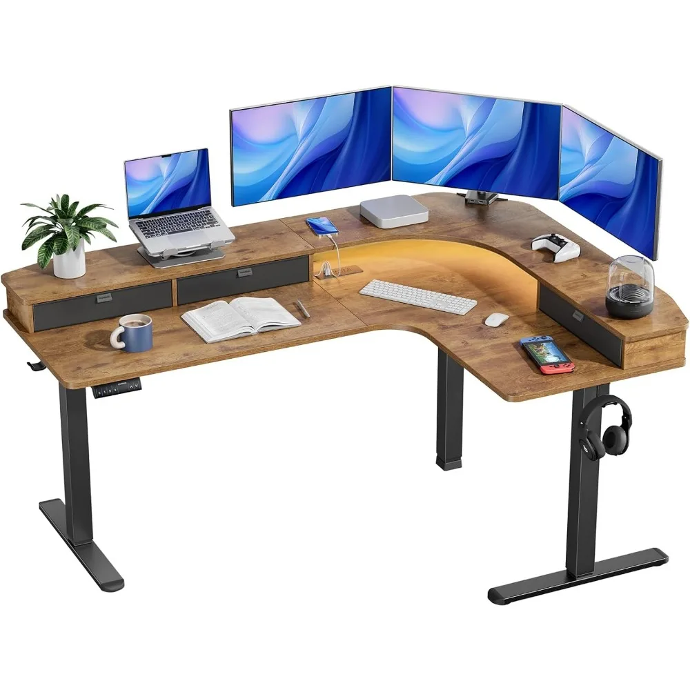 

65″ L-Shaped Standing Desk with Power Outlets & LED Strip, Electric Height Adjustable Corner Computer Desk, Sit Stand Up Desk w