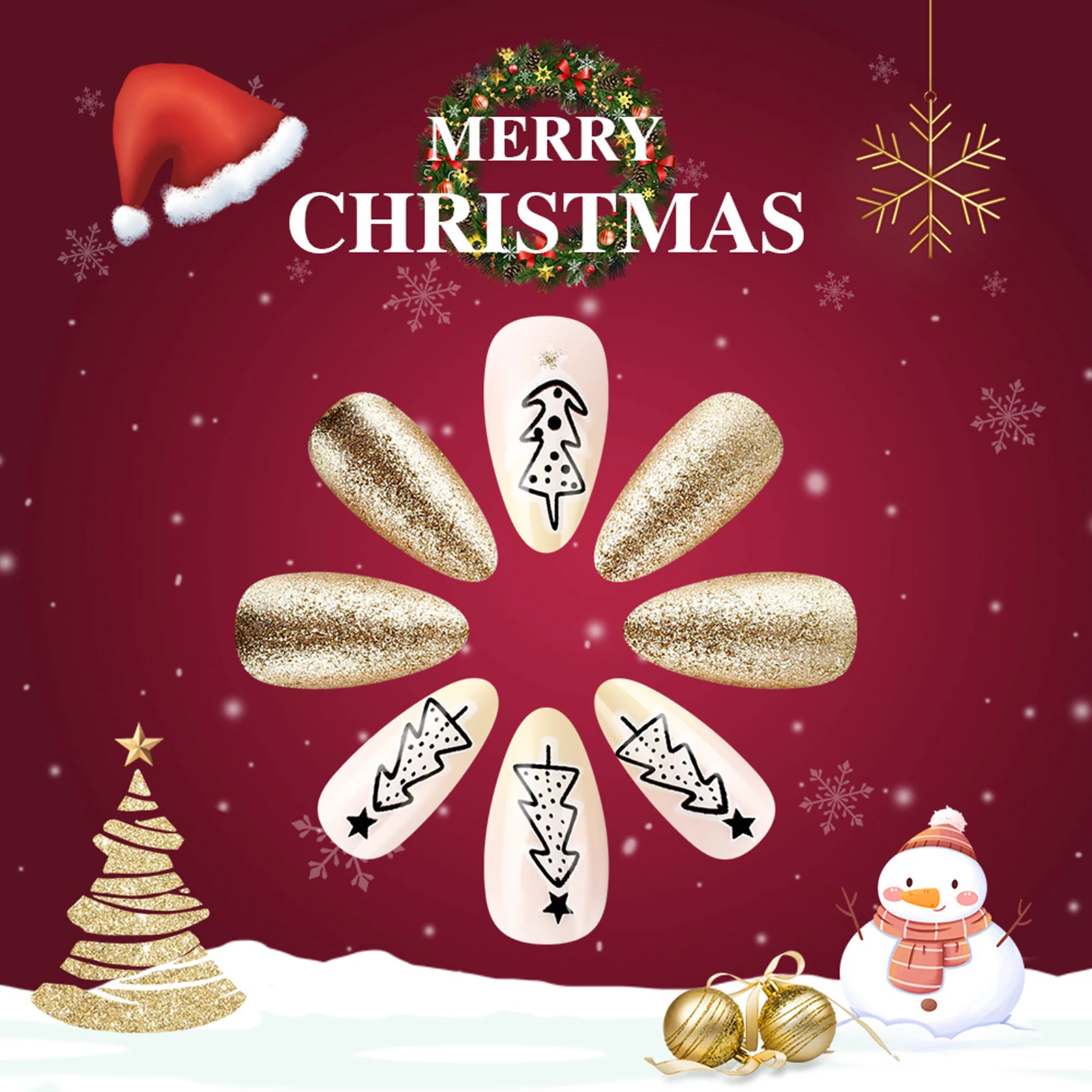 光沢のあるゴールドスパンコールアーモンドフェイクネイル 24 個クリスマスパーティープレスオンネイルクリスマスツリー/スタープリント新年パーティーチャームマニキュア