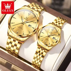 Olevs 5598 simple fashion quartz couple watches stainless steel calendar watch men women waterproof wristwatch 2024