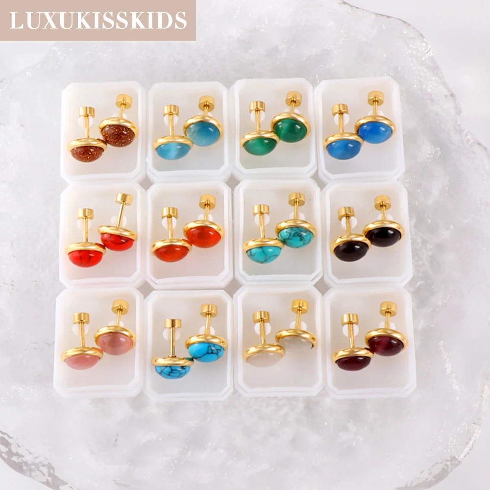 LUXUKISSKIDS Opal Earrings Stud Antiallergy Stainless Steel 12pairs/Lots Colorful Stone Earings Sets Twist Pack Bulk Piercing