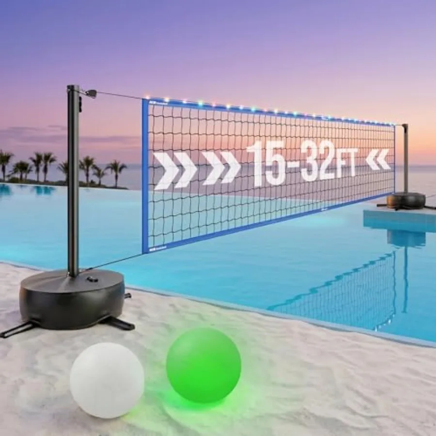 

LED Pool Volleyball Net Set 15-32ft Adjustable for Inground Pools Heavy Duty Base with 2 Balls Durable Material Blue Color Perf